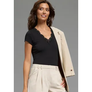 Body LAURA SCOTT, Damen, Gr. 36, N-Gr, schwarz, Single Jersey, Obermaterial: 95% Baumwolle, 5% Elasthan, unifarben, körpernah, V-Ausschnitt, abgesteppt, Bodys Body, mit Spitze, kurzarm, aus Baumwolle und Elasthan
