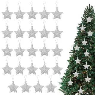 24 Weihnachtsbaum Stern, Glitzer Weihnachtsbaumspitze Sterns 5cm, Christbaumschmuck, Sterne Plastik Christmas Tree Topper, Klein Stern Deko für Weihnachtsbaumds Kamin Fenster (Silber)