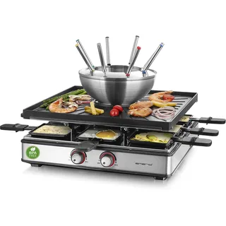 EMERIO 3in1 Raclette Station für bis zu 8 Personen, Grill Fondue, elektrisch, Temperaturregulierung, Bratfläche 38x37cm, Beleuchtung, 2200 Watt, platzsparend, Edelstahl, BPA frei, RG-128187, Schwarz