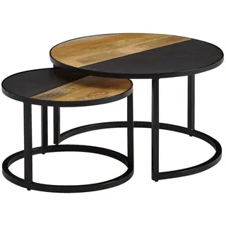 Mid.you Couchtischset , Schwarz , Holz, Stein , 2-teilig , Mangoholz , massiv , rund , eckig , 60x36x60 cm , Holzmöbel, Holztische, Wohnzimmertische Holz, Couchtische Holz