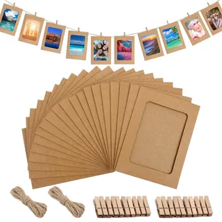 20 Stück Papier Bilderrahmen 11.5x15.5 cm Fotoleine mit Klammern, Hängende Wanddekoration Fotorahmen aus Papier 6 Zoll mit 2 Stück Hanfseil 20 Holzklammern für DIY Geburtstag Hochzeit Party Wand