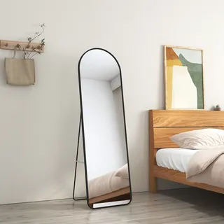 EMKE Standspiegel 140x40cm Ganzkörperspiegel Schwarz Aluminium Rahmen Spiegel Gewölbter Ankleidespiegel mit Explosionsgeschützte Fensterfolie - Schwarz