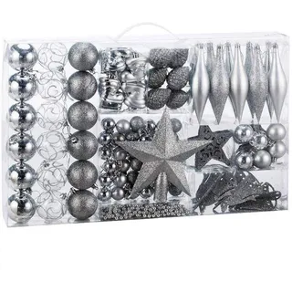 BAKAJI Christbaumschmuck 102 Stück Packung Kugeln Socken Sterne Tannenzapfen Weihnachtsdekoration (Silber)
