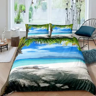 Loussiesd Strand unter dem Motto Bettwäsche Set 135x200cm Ozean Meer Bedrucktes Bettbezug Set für Kinder Jungen Mädchen Teenager Tropische Palme Betten Set Hawaiian Strand Room Decor