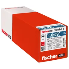 fischer PowerFull II 10,0 x 220, Premium Vollgewindeschraube (50 Stk.) mit innovativer Spitzengeometrie, Stahlschraube für tragende Holzkonstruktionen mit Senkkopf, vermindert Spaltrisiko