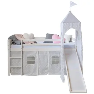 Homestyle4u Hochbett mit Vorhang Rutsche und Turm 90 x 200 cm Kiefer massiv lackiert Weiß/Sterne