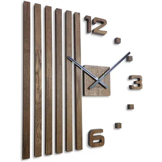 FLEXISTYLE 3D Wanduhren DIY Holz Eiche Lamellen große Wanduhr 60 cm 3D Wanduhr Modern Design EKO Wanduhren Wandtattoo Dekoration Uhren für Büro Wohnzimmer Schlafzimmer (Braun, Schwarze Zeiger)