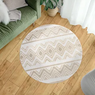 Outdoor Teppich Wetterfest Wohnzimmer Boho Balkon Küchenteppich 3D Effekt Skandi Grösse 120 cm Rund - Beige