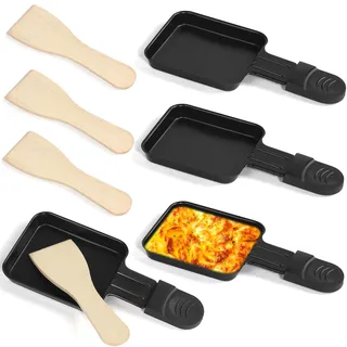 HengBO Raclette Pfännchen Set 4 Stück Mini Antihaftbeschichtet Raclette Pfännchen Ersatz mit 4 Holz Raclette Schaber für Bereitstellung von Raclette Käse Eiern Service (Schwarz Quadrat)