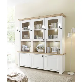 Buffet HOME AFFAIRE "Bristol, Bücherschrank im Landhausstil, moderner Hochschrank", pinie dekor, eiche wotan dekor, B:198cm H:206cm T:45cm, FSC-zertifizierter Holzwerkstoff, Schränke, Buffet, schwarze Metallgriffe, elegante Kranzoptik, mit Beleuchtung