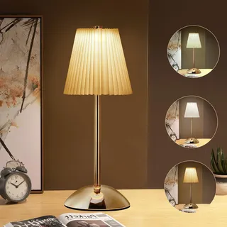 Starnearby LED Tischlampe Kabellos, Touch Dimmbar Akku Tischleuchte 3 Farbtemperatur, Vintage Plissee Metall Kleine Tischlampe für Schlafzimmer, Büro, Nachttisch (Beige + Goldbasis)