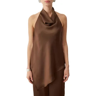 TRENDYOL Brown Degaje Collar Asymmetric Cut Satin Blouse Pants Party Bottom - Top Set Tpraw26Au00005