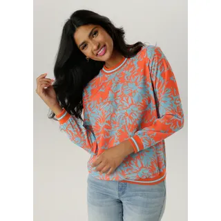 Shirtbluse ANISTON SELECTED, Damen, Gr. 42, bunt (orange, hellblau, weiß), Crêpe, Obermaterial: 97% Polyester, 3% Elasthan, bedruckt, geblümt, gemustert, figurumspielend hüftbedeckend, Rundhals, Bündchen, Blusen Shirtbluse, mit sportiven Bündchen, Topseller