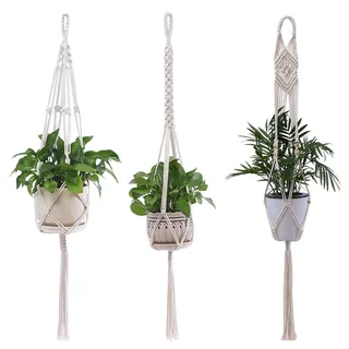 Omnikryp 3 Stück Makramee Blumenampel, Boho Deko Baumwollseil Hängeampel, Pflanzenaufhänger Balkondeko, Hängepflanzen Topf für Innen, Garten, Wohnzimmer, Außen, Balkon, Fenster, Balkone