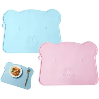 Platzset Silikon, 2 Stück Rutschfestes Tischset Bär, Platzdeckchen Abwaschbar, Tragbare Knetunterlage für Esstisch und Restaurants, Blau und Rosa