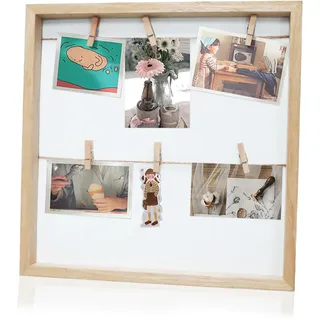 duisoad DIY Holz Fotocollage Rahmen, 32 x 32 x 2.5 cm Fotorahmen mit Klammern und Leine Pinnwand für Fotos für die Fotowand