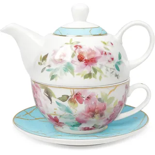 fanquare Rosa Geblümt Tea for One Set, Teetasse und Untertasse Set mit Goldrand, Porzellan Kaffee und Tasse Set für Geschenk, Blau