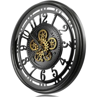 TOKTEKK Wanduhr Große 53.5cm mit Bewegliche Zahnrad, Vintage Retro Industriell Metall Wanduhr Romische Zahlen für Zimmer Zuhause KüChe Schlafzimmer Büro Schule(Schwarzes)