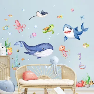 Supzone Wandtattoo Unter dem Meer Wandaufkleber Wal Hai Meeresschildkröte Tiere Wandsticker Kinderzimmer Babyzimmer Badezimmer Wanddeko