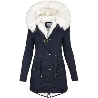 Winterjacke Damen Lang - Warmer Mantel mit Kapuze, Winterparka mit Reißverschluss, Slim-Fit Plüschjacke mit Kordelzug und Taschen - Blau