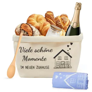Yeria Einzugsgeschenk Set – Stoff-Aufbewahrungskorb mit Geschirrtuch & Holzlöffel – Geschenk zum Einzug & Einweihungsgeschenk für neue Wohnung, Viele schöne Momente im neuen Zuhause