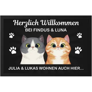 Kiddle-Design Personalisierte Fußmatte Katzen für Katzenbesitzer, Katzenmama und Katzenpapa | Fußabtreter als Geschenk mit Katzenmotiv | Schmutzfangmatte 60x40cm | 2 Katzen