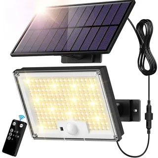 SIGRILL Solarlampen mit Bewegungsmelder 172LED, Solar Strahler IP65 Außenwandleuchte, Gartenleuchten mit 5m Kabel, Solarleuchten für Außen, Garage (1 Stück-Warmes Licht)