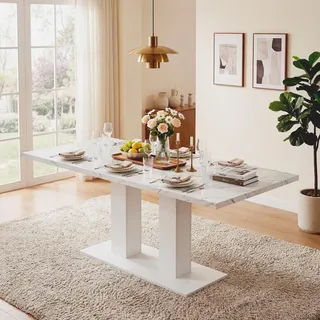 STILVORA Esstisch ausziehbar mit Erweiterungsfunktion für 4–8 Personen und mit 30 mm verdickter Tischplatte, Küchentisch mit Doppel-Säulen-Beinen für stabile Konstruktion, Küchentisch mit schlichtem Design für Esszimmer, Küche und Wohnzimmer, weiß - Weiß