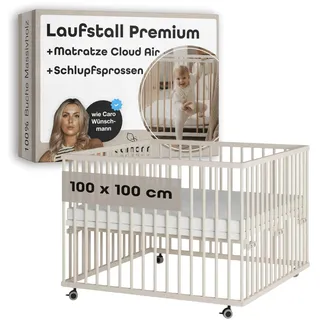 Sämann Laufstall Baby mit Matratze Cloud Air und Schlupfsprossen | TÜV geprüft | stufenlos höhenverstellbar | Laufgitter Premium | Babybett aus Holz | Krabbelgitter (sahara dust, 100x100 cm)