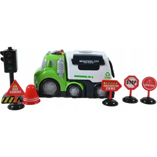 Müllauto Spielzeug LKW mit Licht & Sound - Müllabfuhr Set inkl. Verkehrsschilder & Ampel