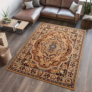TAPISO Atlas Teppich Kurzflor Beige Braun Medaillon 180 x 250 cm | Wohnzimmer Klassisch Schlafzimmer Traditioneller Teppich für Wohnzimmer Esszimmer OEKO-TEX