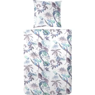 Primera Flowerful Mako-Satin weiß/blau 155 x 220 cm + 80 x 80 cm