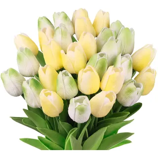 N&T NIETING Künstliche Tulpens, 12 Stück Realistischem Touch Tulpen Blumen, Gefälschte Blumen Tulpen Blumensträuße für Hochzeitsstrauß Party Valentinstag Geburtstag Muttertag Home Deko, Gelb und Grün