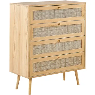 Beliani Kommode 4 Schubladen Rattan Helles Holz Perote , Hellbraun, Goldfarben , Naturmaterialen , 80x97x38 cm , Kleinmöbel, Kommoden, Kommoden