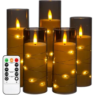 Da by LED Kerzen mit Eingelassener Lichterkette,Batteriebetriebene Kerzen mit Fernbedienung und 24 Stunde Timer,Flackernde Led Kerzen Für Weihnachtsdekoration Heimdekoration(Grau, 5er-Set)