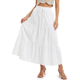 DiULi Rock Damen, Casual A-Line Freizeitrock, Lang Hohe Taille Skirt Mit Kordelzug und Futter, Maxirock Elastisch Taille, Elegant und Bequem, Weiß, L