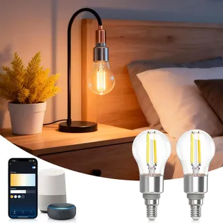 Aigostar Alexa Glühbirne E14, Smart LED Vintage Lampe, Smarte Glühbirne G45 Transparent Globe, 4.5W 470LM, Warmweiß Dimmbar 2700K -6500K, Kompatibel mit Alexa und Google Home, 2 Stücke
