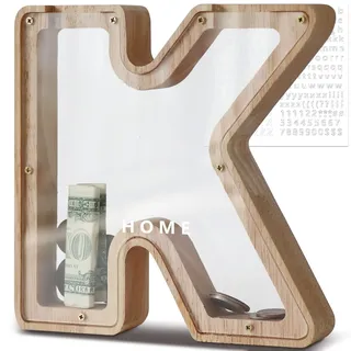 DBPBToU Spardose Kinder, Sparschwein Kinder, Buchstaben Spardose Holz, Spardose Personalisiert für Geburtstag Geschenk/Heimdekoration/Keepsake (K)