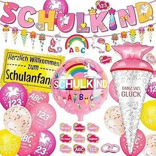 Einhorn Einschulung Deko für Mädchen und Jungen - Schulanfang Set mit Rosa Schulkind Banner, Einhorn Girlande, Schultüte Folienballon, Zuckertüte Luftballons (ABC 123) und Tortendeko