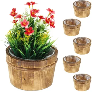 Relaxdays Holz Blumentopf, 6er Set, Garten Deko zum Bepflanzen, Balkon und Fensterbank, HxD: 10 x 16 cm, Übertopf, Natur