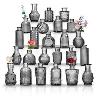Kleine Glasvasen Set von 24, für Tischdekoration, Hochzeit, Empfang, Zuhause, Vintage-Flaschen, Transparent, Dekorative Glasvasen mit Deckeln (24, Rauchgrau)