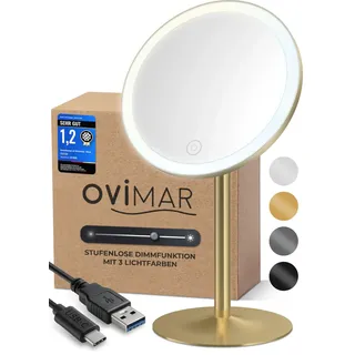 ovimar Kosmetikspiegel Saltum Gold | mit Beleuchtung | wiederaufladbar | freistehend | im Badezimmer | 5fach Vergrößerungsspiegel | Schminkspiegel mit Licht | 360 Grad Spiegel