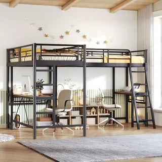 okwish Hochbett 90*200cm, zwei Etagenbetten mit Tisch unter dem Bett, Doppeltreppe, hohes Geländer, ohne Matratze- schwarz - Schwarz