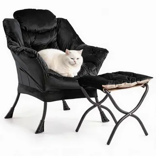 IDEALHOUSE Bequemer Samt-Sessel mit Hocker, Loungesessel | Verstellbare Rückenlehne, Seitliche Tasche, Abnehmbarer Fußhocker–Modernes Lese-&Fernsehsessel Set, Dutch Velvet