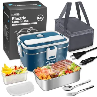 Anykuu 100W Beheizte Lunchbox Tragbare Elektrische Lunchbox 1,8L 3-in-1 12V/24V/220V für Auto/LKW/Büro/Haus Elektrische Essensbox mit Gabel & Löffel