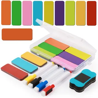 Annyswit 72 Stück Magnetstreifen Beschreibbar Magnete mit Whiteboard Marker & Radiergummis 80x30mm Magnetschilder Zum Beschriften 9 Farben Universelle für Kühlschrank Metallschrank Regale Tafel