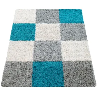 Paco Home Hochflor-Teppich »Mango 316« rechteckig 34 mm Höhe weicher Shaggy, modernes kariertes Design, blau