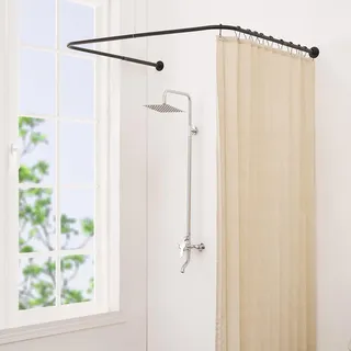 Yampos U Form Duschvorhangstange, Einstellbare [Beide Seiten: 60 cm - 132 cm, Mitte: 76 cm - 117 cm] Badewanne Duschstange Außenduschstange für Badezimmer mit 12-Haken für Deckenunterstützung