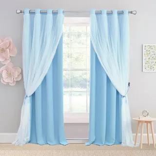 SOFJAGETQ Hellblaue Verdunkelungsvorhänge, 213,4 cm Länge, doppellagig, blau, romantische Vorhänge mit transparenter Überlage, Fenstervorhänge und Vorhänge für Kinder/Mädchen/Jungen, Schlafzimmer,