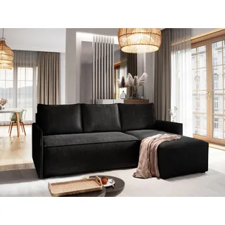 Masseno Ecksofa PERUSI mit Schlaffunktion L-Form, Sofa mit Bettkasten, Wohnzimmersofa, Couch, Soffa, Bettsofa, Couchgarnitur- Schwarz, POSO 135 - Schwarz